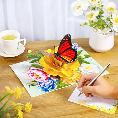 Vista 3 de Tarjeta de flores desplegables, tarjeta de felicitación, tarjeta desplegable 3D de mariposa y peonía rosa de 6 x 8 pulgadas, para el día