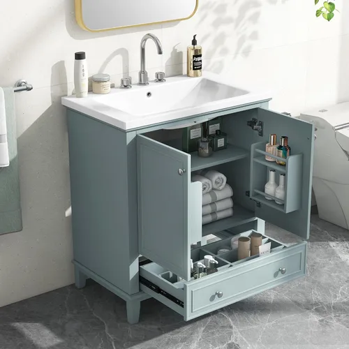 Vista 13 de Harper & Bright Designs Tocador de baño de 24 pulgadas con lavabo, tocador de lavabo individual independiente con una puerta y 3 cajones de cierre
