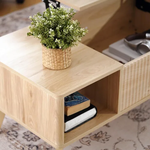 Vista 4 de LYNCOHOME Mesa de Centro con Tapa Elevable Acanalada con Almacenamiento, Mesa de Centro Moderna para Sala de Estar, Oficina en Casa (Natural)