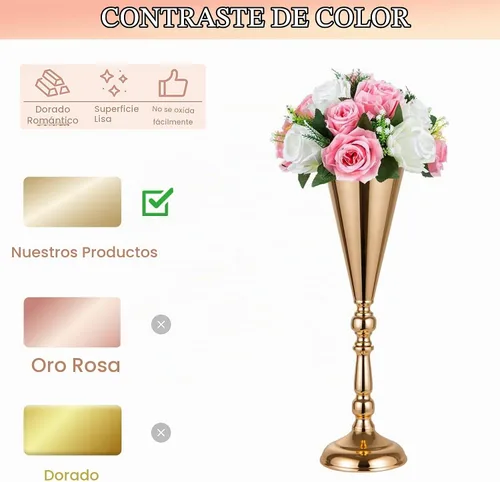 Vista 3 de Juego de 2 jarrones de metal para mesa de trompeta de boda, centro de mesa, jarrón de flores para decoración de eventos de boda, decoración de Dorado