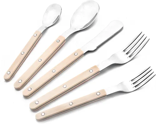 Vista 11 de Juego de 20 cubiertos de acero inoxidable para 4 piezas con mango de plástico acrílico, mantequilla y cuchillo de cena, juego de cubiertos