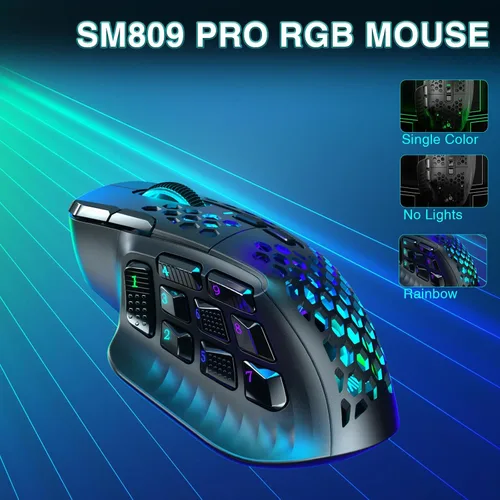 Vista 9 de SOLAKAKA SM809 Pro - Mouse para juegos con 9 botones laterales, mouse RGB de 24000 DPI para jugadores, 16 macros programables MMO, color negro