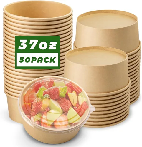 Vista 13 de Paquete de 50 cuencos de papel de 17 onzas, cuencos de ensalada desechables con tapas Octagon Disposable Bowls, Disposable Food Containers with
