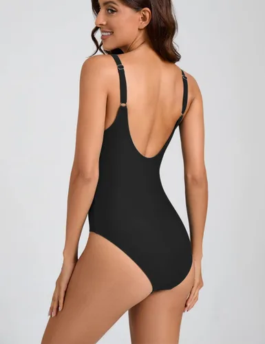 Vista 2 de Danga bay Trajes de baño deportivos para mujer, negro, de una pieza, para adolescentes, espalda baja, modesto, resistente al cloro, ajustable