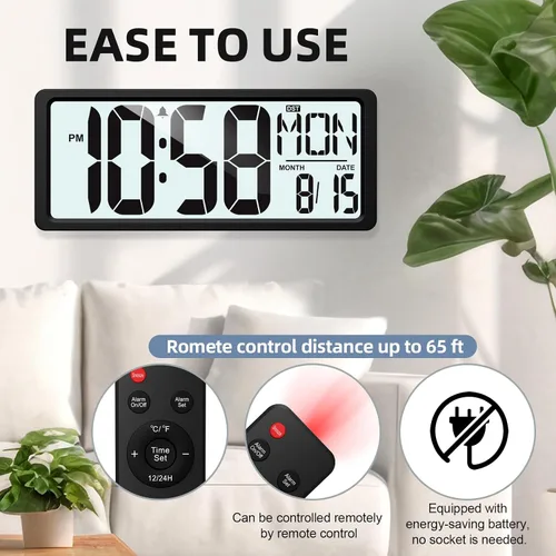Vista 2 de XREXS - Reloj de pared digital grande, funciona con pilas y retroiluminación 15" LED Large Display Timer with Temperature Date Week Auto DST