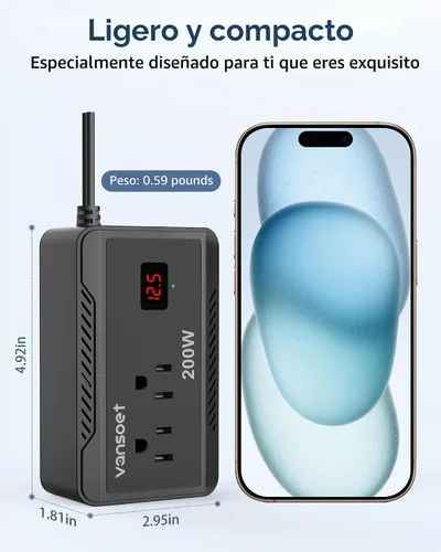 Vista 4 de Inversor de corriente de 200W para automóvil, DC 12V a 110V AC, convertidor con [PD 30W y 15W] USB C de carga rápida/3.0A, puertos de carga USB Negro