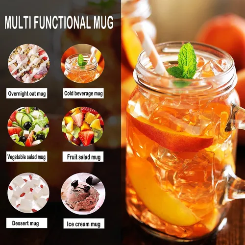 Vista 4 de TANGLONG 12 tarros Mason de 16 oz con asa y tapas para manualidades y fiestas Vasos para beber, tazas de vidrio con asas, regalos caseros, café