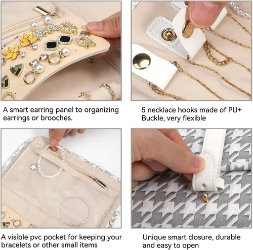 Vista 3 de Voova Estuche organizador de joyas de viaje, bolsa grande de almacenamiento de joyas para mujeres y niñas, bolsa plegable de viaje para joyas
