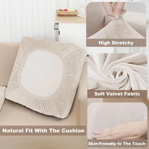Vista 3 de NAISI Fundas de cojín de sofá de terciopelo elásticas de 1 pieza, fundas de asiento de sofá o respaldo, fundas suaves individuales para sofá Beige