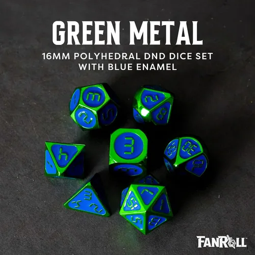 Vista 2 de FanRoll - Juego de dados poliédricos de metal de 0.630 in: verde con esmalte azul, dados de juego de rol para Calabozos y Dragones