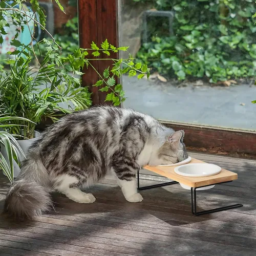 Vista 7 de FUKUMARU - Cuencos de cerámica elevados para gatos, cuencos con una inclinación de 15º para agua y comida en soporte de madera, juego para gatos