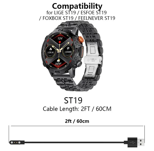 Vista 2 de [Paquete de 2] Cargador compatible con LIGE ST19 / ESFOE ST19 / FOXBOX ST19 / FEELNEVER ST19, cable de carga USB de repuesto para reloj inteligente
