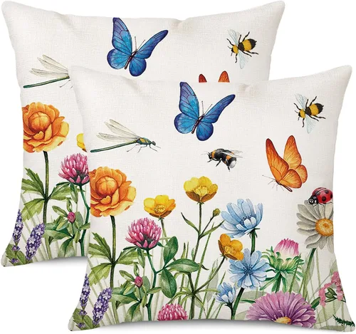 Vista 11 de Juego de 4 fundas impermeables para cojín de primavera, uso al aire libre, de 18 x 18 pulgadas, con diseño de mariposa, libélula, mariquita y abeja