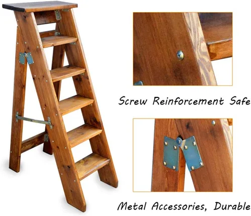 Vista 4 de Taburete de madera con escalera de 4/5/6 capas, de madera maciza, plegable, para escalera, escalera, escalera de 330.7 lbs, color madera