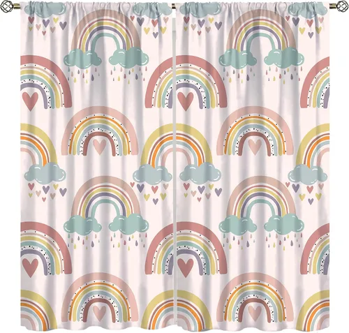 Vista 11 de Cortinas bohemias con diseño de arco iris, hermoso diseño de estrellas de durazno marrón y arcoíris, para dormitorio de niños y niñas, sala