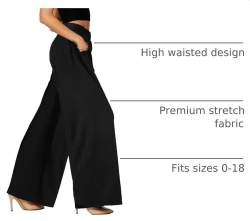 Vista 4 de Pantalones Palazzo de alta calidad para mujer con bolsillos, cintura alta, diseños sólidos e impresos, Palazzo, talla única