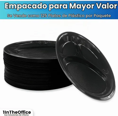 Vista 4 de Platos seccionales de plástico de 10 pulgadas con 3 compartimentos, platos desechables con compartimento, placas seccionales redondas negras de 10