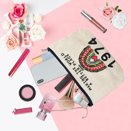 Vista 4 de Bolsas de maquillaje para cumpleaños número 50 para mujer, lavado de doble cara, impermeable, de lino, bolsa de viaje para cosméticos, bolsa