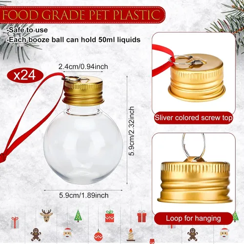 Vista 2 de Sosation 24 bolas de bebida de Navidad rellenables con cintas rojas y calcomanías de plástico transparente colgante para árbol de Navidad, bola