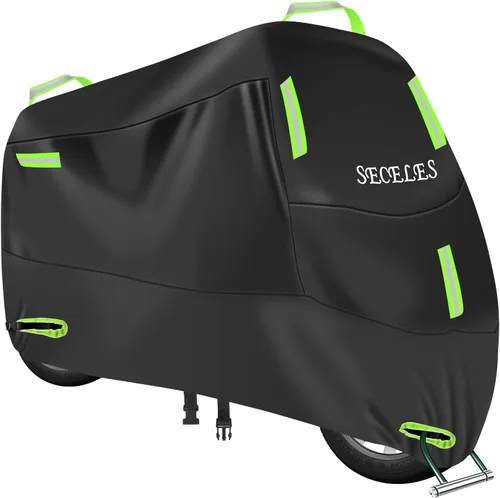 Vista 13 de Funda impermeable para 1 bicicleta, 300D Oxford, agujeros de bloqueo, hebillas reflectantes, resistentes al viento, lona de bicicleta para bicicleta