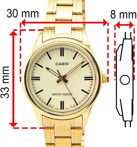 Vista 5 de Casio Reloj analógico de acero inoxidable dorado LTP-V005G-9A para mujer, Oro, Reloj analógico, movimiento de cuarzo