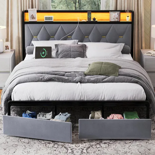 Vista 13 de Ailisite Marco de cama tamaño completo con cabecera y cajones de almacenamiento, marco de cama de plataforma tapizado negro con puerto de carga