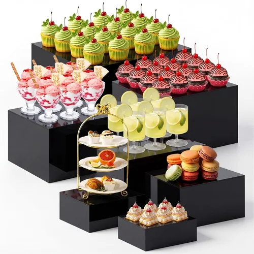 Vista 11 de Leinuosen Juego de 7 Elevadores Grandes para Buffet de 6" a 12" Caja de Exhibición de Acrílico Elevador de Mesa de Postres para Catering Soporte