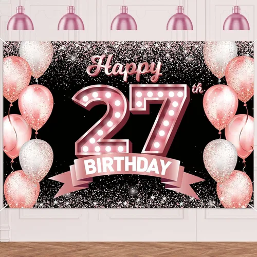 Vista 219 de Cartel de feliz cumpleaños décimo oro rosa, telón de fondo, saludos a 10 años, globos de confeti, decoración temática para niñas de 10 años