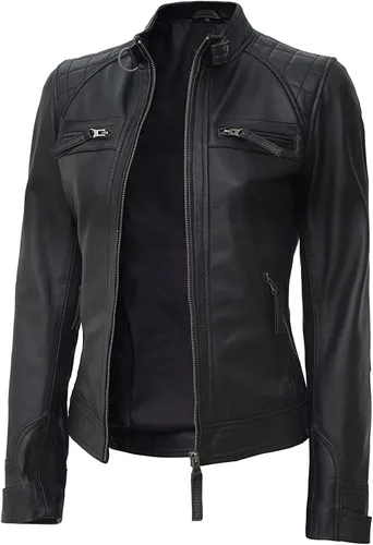 Vista 3 de Chaqueta de motorista de piel de cordero suave para mujer y niña
