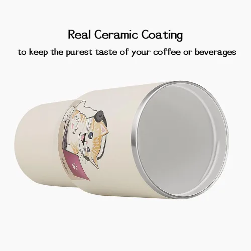 Vista 3 de Funkrin Taza de café aislada con popote y tapa abatible, vaso de 24 onzas con revestimiento de cerámica, taza de viaje a prueba de fugas al vacío