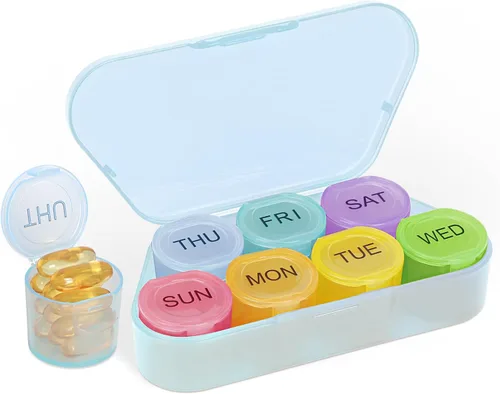 Vista 9 de NatureTouch Organizador semanal de píldoras, organizador de medicamentos sin BPA, arco iris, 7 días, pastillero portátil diario para pastillas