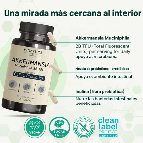 Vista 4 de VINATURA Akkermansia Probiótico - Suplemento Akkermansia Munciniphila, Suplemento GLP-1 - 60 Cápsulas