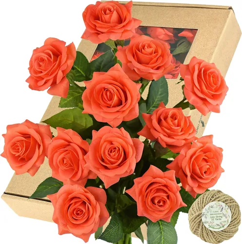 Vista 13 de FiveSeasonStuff 12 tallos de flores artificiales azul hielo, rosas de seda de tacto real para decoración de boda, en caja de regalo Azul helado