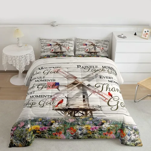 Vista 2 de Erosebridal Juego de edredón rústico de colibrí, juego de ropa de cama de molino de viento rústico para niños, adolescentes y adultos, relleno