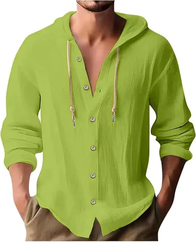 Vista 14 de Camisas de lino para hombre, casual, con botones, de verano, algodón, lino, con capucha, para playa, manga larga, con capucha