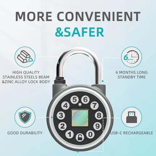 Vista 3 de SFW Candado de huellas dactilares, bloqueo Bluetooth con código, candados inteligentes resistentes al agua con aplicación móvil. Adecuado