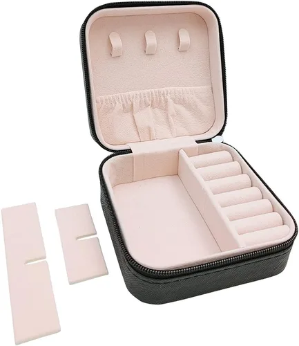 Vista 2 de Mini estuche de viaje para joyas, pequeña caja organizadora de joyas portátil, caja de almacenamiento portátil para anillos, aretes, collares