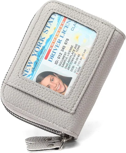 Vista 10 de RNIEGA Cartera pequeña de piel con bloqueo RFID para tarjetas de crédito, cartera pequeña para mujer, doble cremallera con ventana de identificación