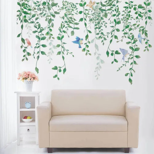 Vista 10 de Runtoo Calcomanías de pared de hojas de vid de eucalipto, plantas verdes, calcomanías de pared para sala de estar, dormitorio, guardería, decoración