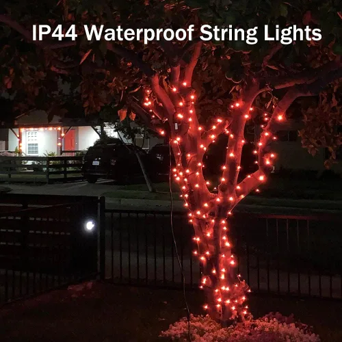 Vista 2 de Guirnalda de luces de Halloween para interiores color naranja, 320 luces LED de 114.8 ft/115 pies, 8 modos de enchufe de extremo a extremo