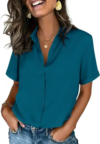 Vista 6 de Zeagoo Camisas con botones para mujer, de manga corta, cuello en V, elegantes y casuales