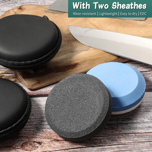 Vista 6 de Afilador de 4 hachas con funda, afilador de hacha multiusos con doble grano, disco de piedra de doble grano, disco de piedra para afilar hacha