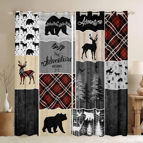 Vista 15 de Cortinas rústicas retro de cabaña, cortinas opacas de oso ciervo, 38 pulgadas de ancho x 45 pulgadas de largo, 2 paneles, cortinas de caza