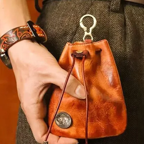 Vista 7 de Monedero medieval de piel auténtica, organizador de monedas, soporte para cambios, bolsa pequeña de cuero con cordón para hombres y mujeres, Marrón
