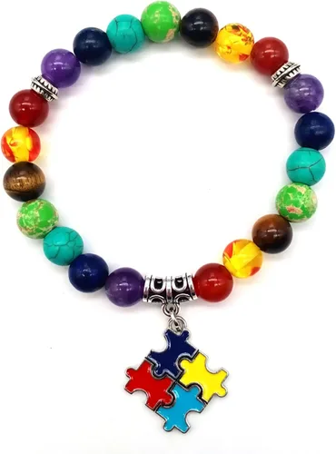 Vista 3 de Pulsera con cuentas de piedra natural de 7 chakras para concientización sobre el autismo, corazón y cinta cruzada, rompecabezas redondo, cordón
