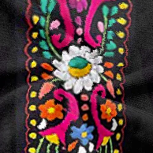 Vista 6 de Camisa mexicana para mujer, estilo étnico, vintage, bordada, floral, blusa campesina, ajuste holgado, manga larga, cuello en V, camisa bohemia