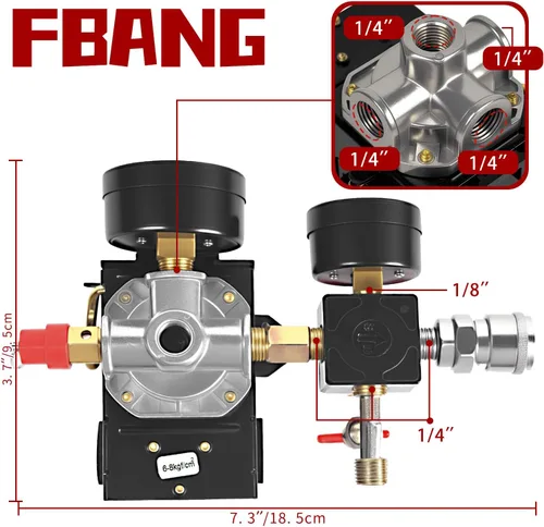 Vista 5 de Válvula de control del interruptor de presión del compresor de aire, regulador de presión 90-120PSI con conjunto de accesorios de manómetros