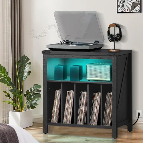 Vista 7 de Soporte grande para tocadiscos con estación de carga y luces LED, soporte de almacenamiento de discos de vinilo negro con capacidad para hasta 230