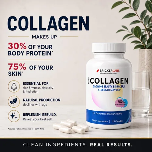 Vista 6 de Bricker Labs Colágeno para hombres y mujeres - Suplemento de colágeno hidrolizado tipo I, III, 750 mg, 1 cápsula de colágeno diaria - 120 porciones