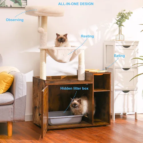 Vista 2 de Hey-brother Árbol para gatos con recinto de caja de arena XL, torre para gatos todo en uno para gatos de interior con hamaca grande, cama, estación
